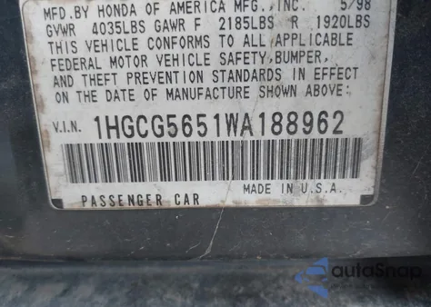 1998 Honda Accord Ex из США, поврежденный, VIN 1HGCG5651WA188962